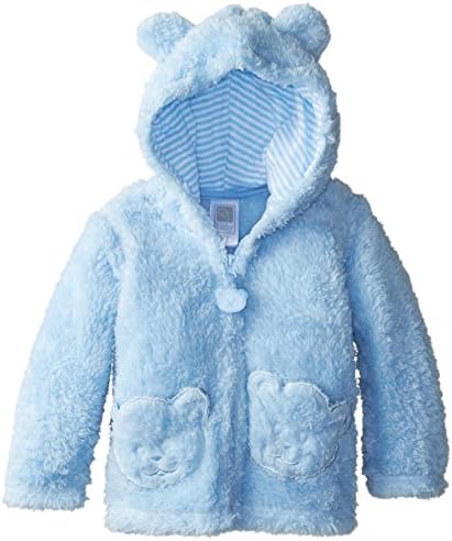 QT Baby Baby Boys' Baby Bear Fleece Mid Weight Jacket with Plaid Jersey Hood Lining, Sky Blue, 18 Months
