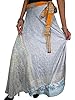 Womens Wrapskirt Two Layer Grey Yellow Printed Long Vintage Silk Sari Skirt