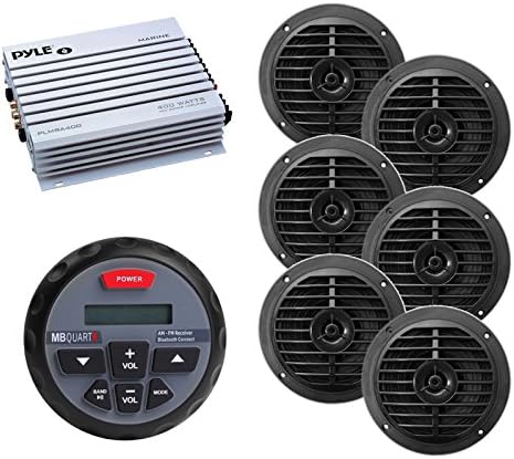 New Marine Bluetooth Stereo MB Quart GMR-1 Bluetooth Enabled Gauge Mount Marine Boat Yacht Stereo System AM/FM Radio Player with 6 X Enrock 6.5" Inch Waterproof Marine Audio Spekaers System and 400 Watt 4 Channel Marine Boat Audio Amplifier - Great Marine Outdoor Audio Package (Black)