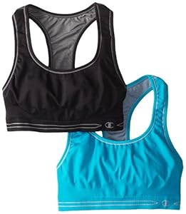 Champion Women's Reversible Seamless Racer Back Bra 2 Pack, Pelican Blue/Dolphin/Black/Charcoal, Large