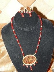 Christmas Gift Gold Plated Ruby Red Beads Indian Style Ethnic Jewelry Necklace Earring Set