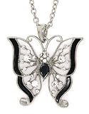 Silver Tone Black Onyx and Clear Crystal Butterfly Pendent Necklace