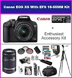 Canon Rebel XS 10.1MP Digital SLR Camera with EF-S 18-55mm f/3.5-5.6 IS Lens & Canon EF-S 55-250MM IS Lens With The Ultimate Photographers Accessory Package Includes 2X 16GB Hi Speed Error Free Memory Card, 2 Extra Extended Life LP-E5 Battery Packs, 1 Hour 110/220 AC/DC Charger, Remote Shutter Release, Protective 58MM 3 Piece Filter Kit, Professional TTL Bounce Flash, Professional SLR Carrying Case, Professional 70 Inch Tripod + More