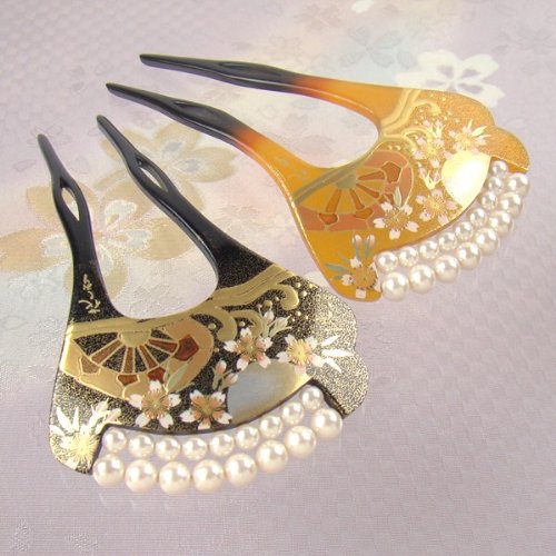 バチ型パール簪(かんざし)肩輪車に桜 成人式 結婚式 黒留袖