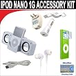 8 pc. Accessory kit for iPod Nano 1g. Includes White portable stereo speaker w/cable 3-in-1 iPod charging kit (1000mAH) White Mini soft Earbuds Reusable Pre-Cut Screen Protector and a DBROTH Microfiber Cleaning Cloth