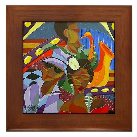 The Jazz Club :: Art Deco Cubist Framed Fine Art Ceramic Tile By Kristen Stein