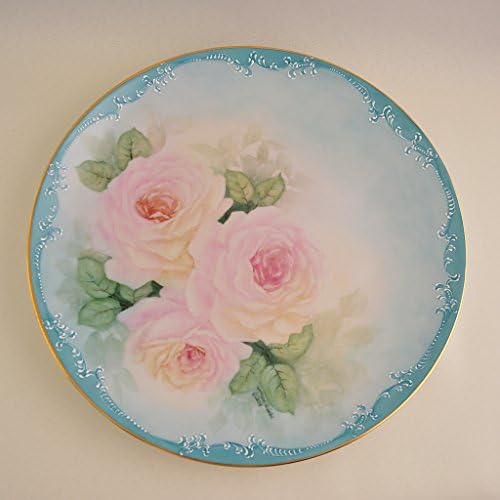 China Hand Painted Cabinet Plate Pink Roses Aqua Raised Scrolling