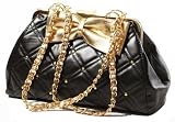 TRINA Golden Bow Black Diamond Quilted Clasp Closure Purse Satchel Handbag w/Detachable Shoulder Chain