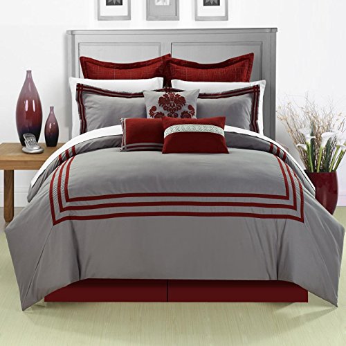 Chic Home 8-Piece Cosmo Embroidered Comforter Set, Queen, Red