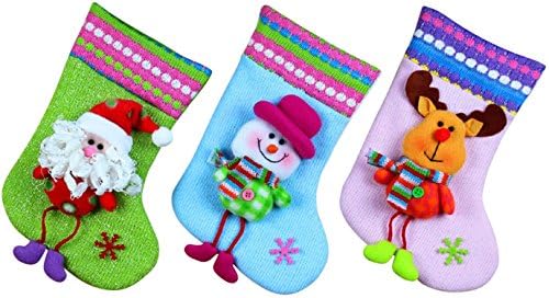 11" (3 Pack) Plush 3D Embroidered Christmas Stockings, Adorable Detailed Designs, Hanging Loops, Includes Santa, Snowman and a Reindeer