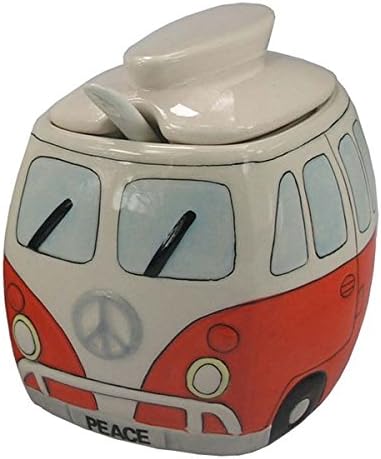 Ceramic Camper Sugar Dispenser Split Screen Camper Van Sugar Bowl with Lid &amp; Spoon Orange Color