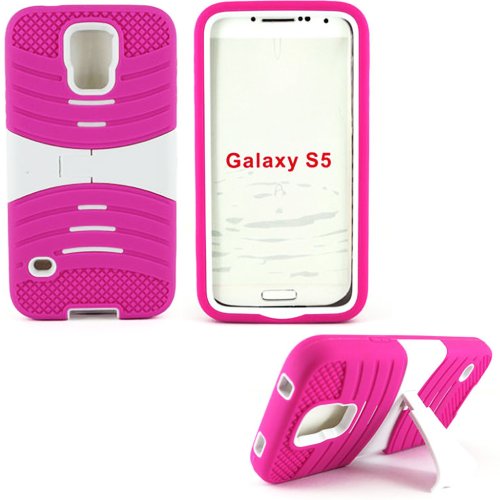 myLife Vibrant Hot Magenta and Ultra White - Shockproof Survivor Series (Built in Kickstand + Easy Grip Ridges) 2 Piece + 2 Layer Case for NEW Galaxy S5 (5g) Smartphone By Samsung (Internal Flex Silicone Bumper Gel + Internal 2 Piece Rubberized Fitted Armor Protector + Shock Absorbing Material)