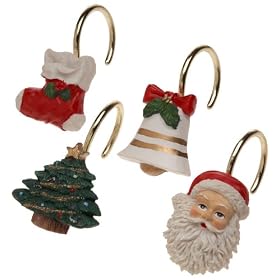 Carnation Home Fashions Christmas Time Fabric 6 by 6 Shower Curtain Hooks