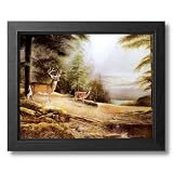 Deer Buck Big Antler Rack Doe Lake Animal Wildlife Cabin Picture Framed Art Print by Art Prints Inc