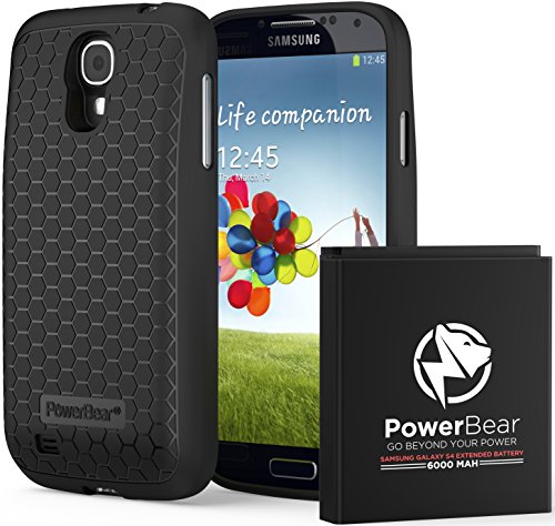 PowerBear Samsung Galaxy S4 6000mAh Extended Battery & Back Cover & Protective Case (Up to 2.3X Extra Battery Power) - Black [24 Month Warranty & Screen Protector Included]