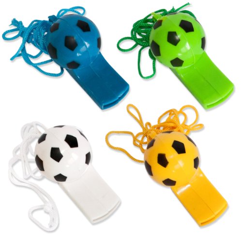 50 x Trillerpfeife Fußball 5cm, 4 Farben, bunte Kordeln, Pfeife, Fanartikel WM EM