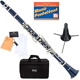 Mendini MCT-BL B Flat Blue ABS Clarinet w/ Case, Stand, Mouthpiece, Box of 10 Reeds, Cork Grease, & a Pair of Gloves