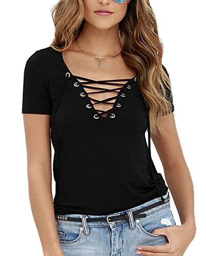 Women Sexy V Neck Cross Front Shirt Bandage Shirt