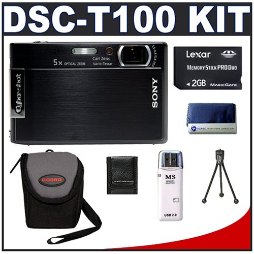 Sony CyberShot DSC-T100 (Black) 8.1 Megapixel Digital Camera with 5x Optical Zoom + Lexar Media 2GB 40x Platinum II Series Memory Stick (MS) PRO Duo Card + High Speed USB 2.0 Memory Stick (MS) Card Reader + Digital Camera Case