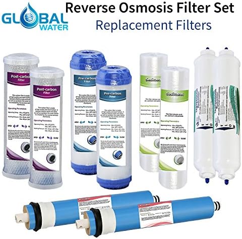 Global Water Universal 10' 2 Years Replacement Filter Set for 5-Stage Reverse Osmosis RO Filters with 50GPD Membrane, Fits All 5-Stage RO Systems.