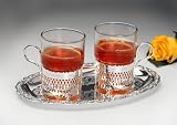from amanda gifts 2 Moroccan style tea glass and silver plated holders and tray, with special tarnish resistant finish that never needs polishing Model drinks tea glass on tray