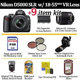 Nikon D5000 12.3 MP DX Digital SLR Camera with 18-55mm Lens + NIKON 55-200 Zoom Lens With Essential Pro Shooters Package Includes 8GB Memory Card + Spare battery + Pro E-TTL LCD Flash + Filters + Pro SLR BackPack Case + More