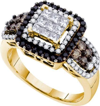 14k Yellow or White Gold Ring 1 ct Chocolate, Black & White Round Diamond Cluster w/ White Baguette Shape Centerpiece