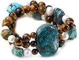 Turquoise, Tiger Eye and White Freshwater Cultured Pearl Three-Row Stretch Bracelet