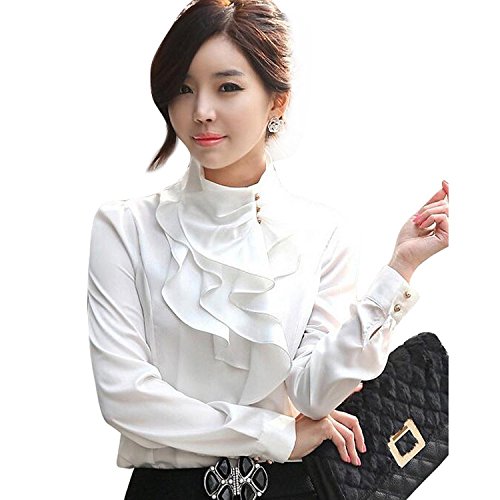 Voguegirl Women's Lace Ruffle Neck Blouse Long Sleeve Stand Collar OL Shirt Tops