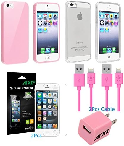 ATXE 2pcs TPU Rubber Skin Case Compatible for Apple iPhone 5 5S + Wall charger+2 data cable+2 Screen Protect for iPhone 5 / 5S