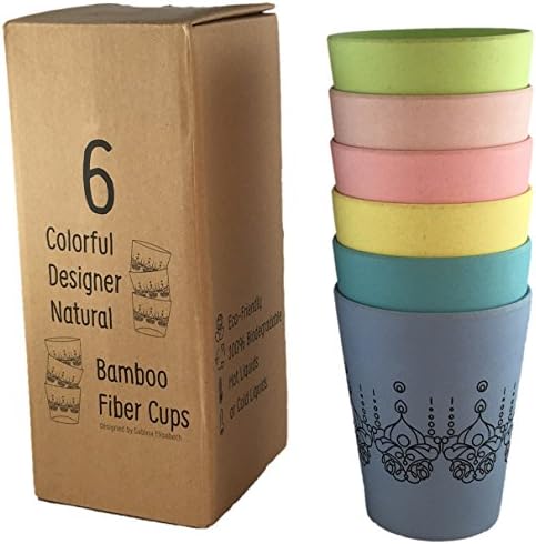Unique Designer Cups (6) for Hot/Cold liquids. Colorful Natural Bamboo Fiber. Eco Friendly and Biodegradable. Ideal for Adults and Children in the Home or Outdoors for Picnics, Poolside, Camping....