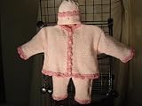 Cpk7, Knitted on Hand Knitting Machine Baby Pink Chenille Trimmed By Hand Crochet with Raspberry Pecot Girls Cardigan Pant Hat Set .