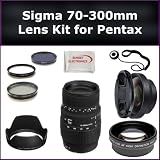 Sigma 70-300mm f/4-5.6 DG Macro Autofocus Lens Kit for Pentax K-x, K-r Digital SLR Cameras. Package Includes: 0.45X Wide Angle Lens, 2X Telephoto Lens, Lens Cap, Lens Hood, Lens Cap Keeper, 3 Piece Filter Kit (UV-FLD-CPL) and Microfiber Cleaning Cloth