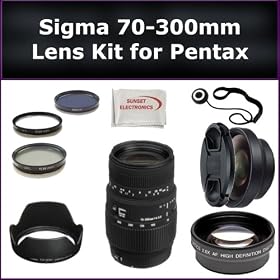 Sigma 70-300mm f/4-5.6 DG Macro Autofocus Lens Kit for Pentax K-x, K-r Digital SLR Cameras. Package Includes: 0.45X Wide Angle Lens, 2X Telephoto Lens, Lens Cap, Lens Hood, Lens Cap Keeper, 3 Piece Filter Kit (UV-FLD-CPL) and Microfiber Cleaning Cloth