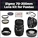 Sigma 70-300mm f/4-5.6 DG Macro Autofocus Lens Kit for Pentax K-x, K-r Digital SLR Cameras. Package Includes: 0.45X Wide Angle Lens, 2X Telephoto Lens, Lens Cap, Lens Hood, Lens Cap Keeper, 3 Piece Filter Kit (UV-FLD-CPL) and Microfiber Cleaning Cloth