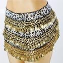 SEXY BELLY DANCER COSTUME HIP SCARF - SNOW LEOPARD WITH GOLD COINS