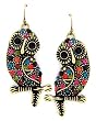Burnished Goldtone Multi Colored Rhinestone Owl Dangle Fashion Earrings