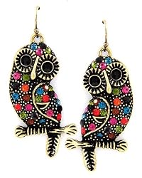 Burnished Goldtone Multi Colored Rhinestone Owl Dangle Fashion Earrings