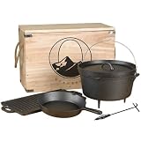 Stansport Pre-Seasoned 5-Piece Cast Iron Cook Set-Wooden Storage Box