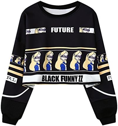 Chicnova Women Cute Alien Print Crop Top Cotton Long Sleeve Loose Casual T-shirt (One Size, Black1)