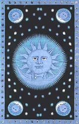 Blue & Black Sun & Moon Indian Bedspread, Twin Size