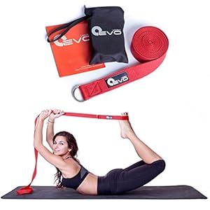 Yoga Strap 8 Foot By Yoga EVO - 100% Pure Double Webbing Cotton for Best Grip, Anti Slip Metal D Ring + Carrying Bag and Online Video Poses and Stretches Best for Hot Mat Practices, Beginner Friendly