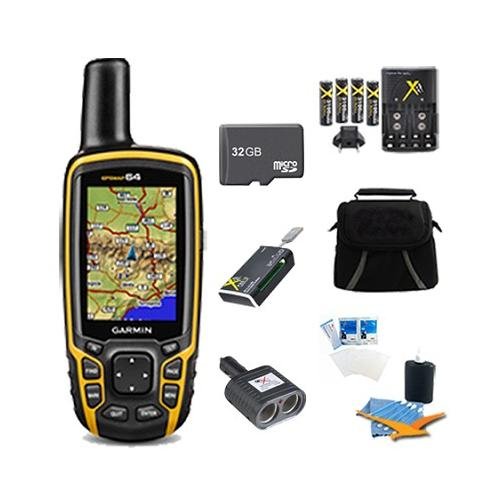 GPSMAP 64, Worldwide Handheld GPS 32GB Accessory Bundle. Bundle Includes GPSMAP 64st GPS, 32GB Micro SD Card, 57-in-1 USB Card Reader, AA Charger w/ 4 AA Batteries, Deluxe Gadget Bag, Cigarette Lighter Adapter, Cleaning Kit, and Screen Protectors.
