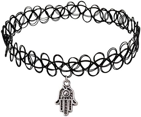 Longil Women Vintage Black Gothic Stretch Elastic Double Line Henna Tattoo Choker Collar Necklace with Hand Pendant Hippy Popular for 80s 90s