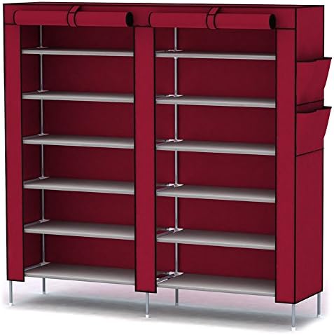 Falove 12 Tiers Shoes Rack with Dustproof Cover Closet Storage Cabinet Organizer (Wine Red)