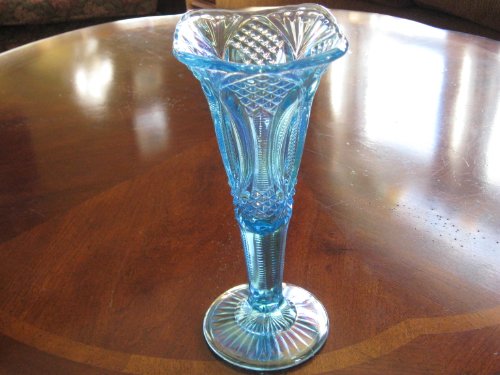Blue Opalescent Carnival Glass Diamond Vase Handmade in Ohio
