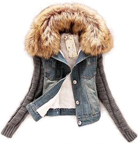 Daogugu Winter Women Fleece Fur Collar Jeans Coat Denim Jacket Outerwear