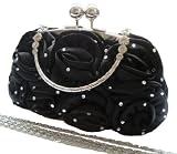 New Diamante Satin Silk Rose Flower Evening Party Handbag (BLACK)