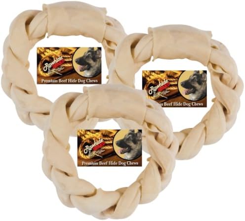 Rawhide Brand® 8" Natural Braided Rawhide Ring for Large Dogs, 3-Ring Pack