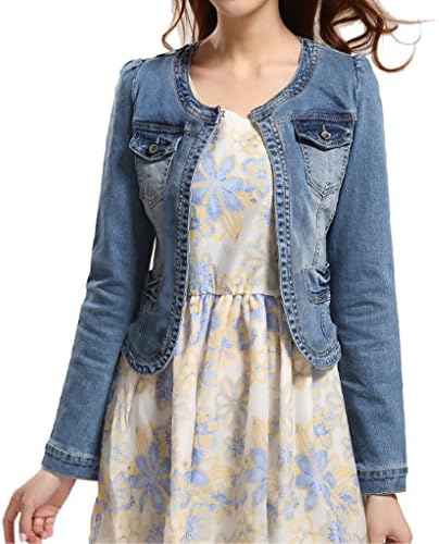 Fundu Women's Crew Neck Denim Cotton Blue Cute Long Sleeves Short Jacket US 4